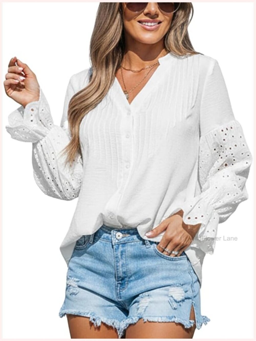 Lace V Neck Long Sleeve Blouse Casual Loose Dressy Outfit Top
